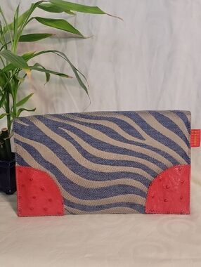 Fold-Over Zebra Print Canvas Clutch with Red Corner Accents